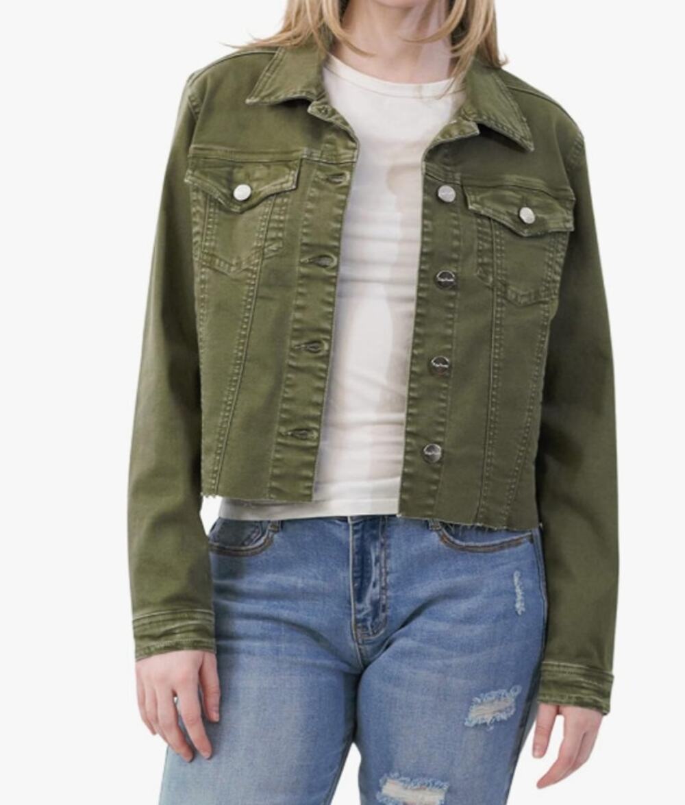 Indigo Saints Women's Luxury Clothing Denim Jacket Utility Olive Green Size M